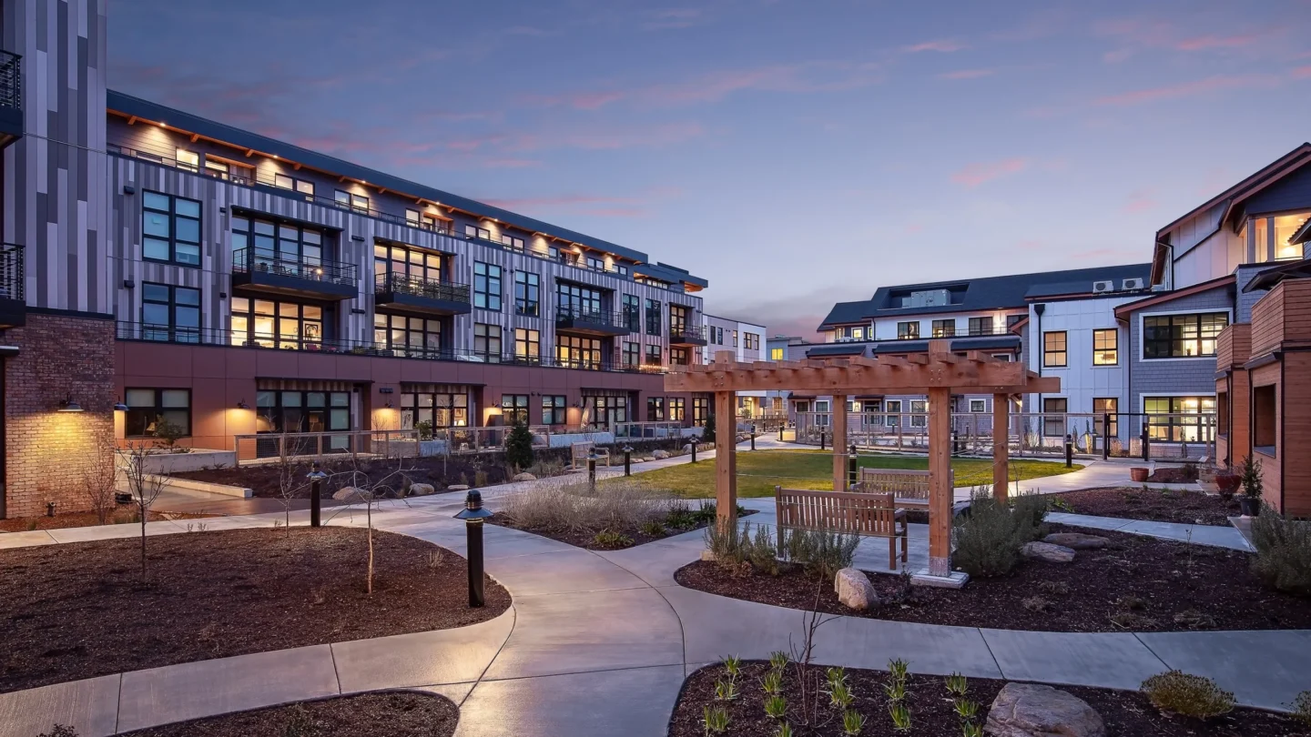 Madrona Grove and Schroeder Lofts surround a shared landscaped courtyard that serves as an outdoor room, encouraging neighbors to interact and creating a strong dialog across the courtyard.